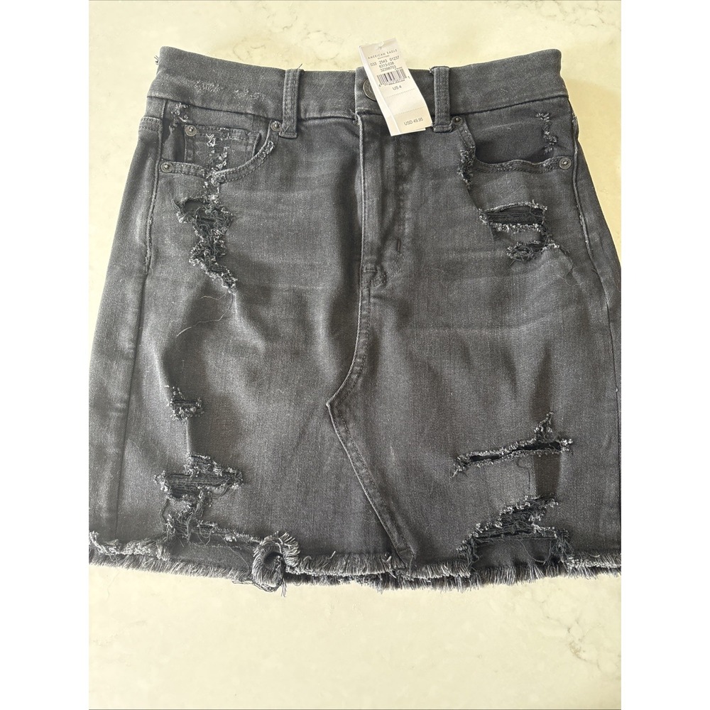 American Eagle Womens 4 Skirt Black Denim Curvy Hi Rise Mini Distressed Raw Hem